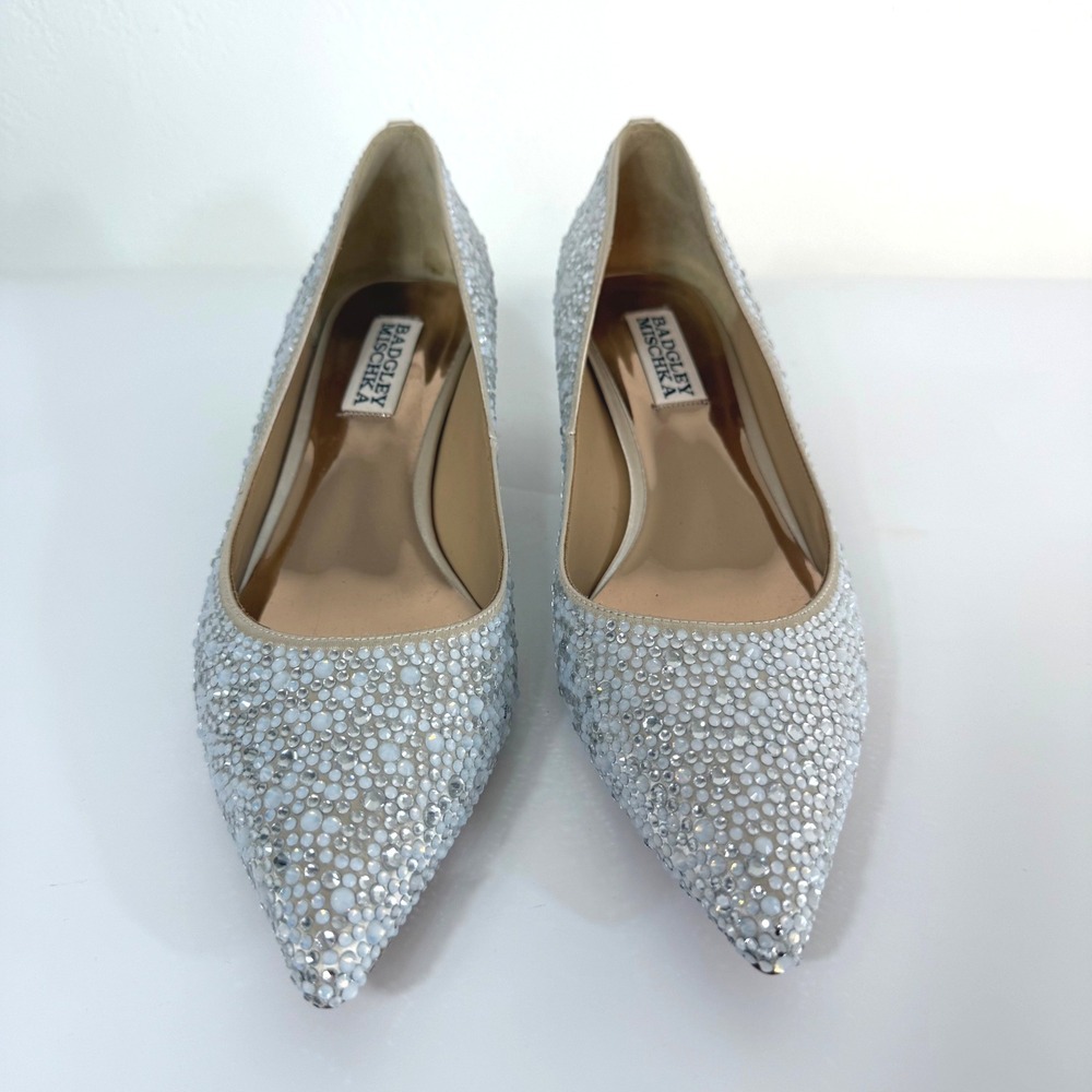 Badgley Mischka Kitten Heels Silver Crystal Rhinestone Embellished Bridal 6.5